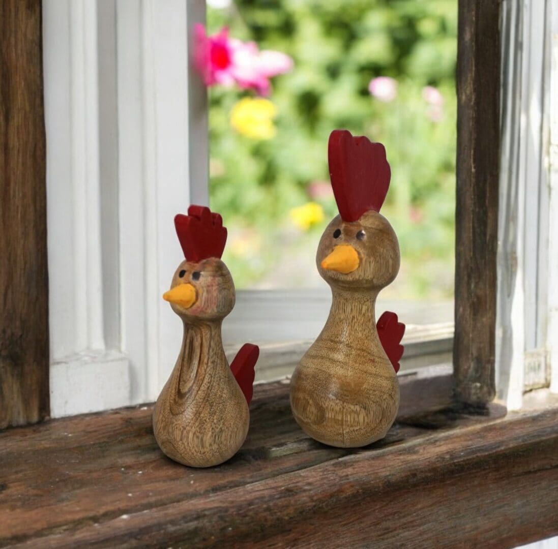 Hand-crafted Set of Two Wooden Chickens image 1