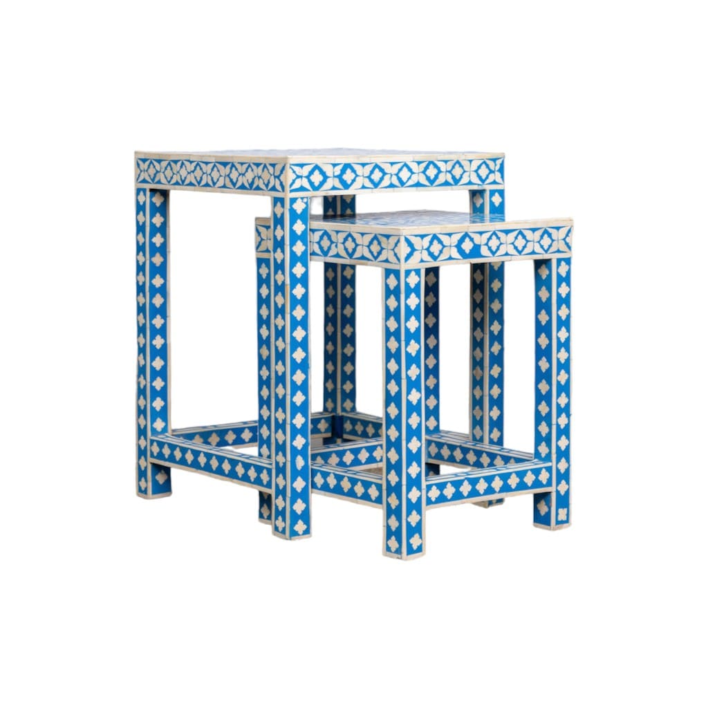 Bone Inlay Nesting Tables Set of 2 in Blue and White image 2