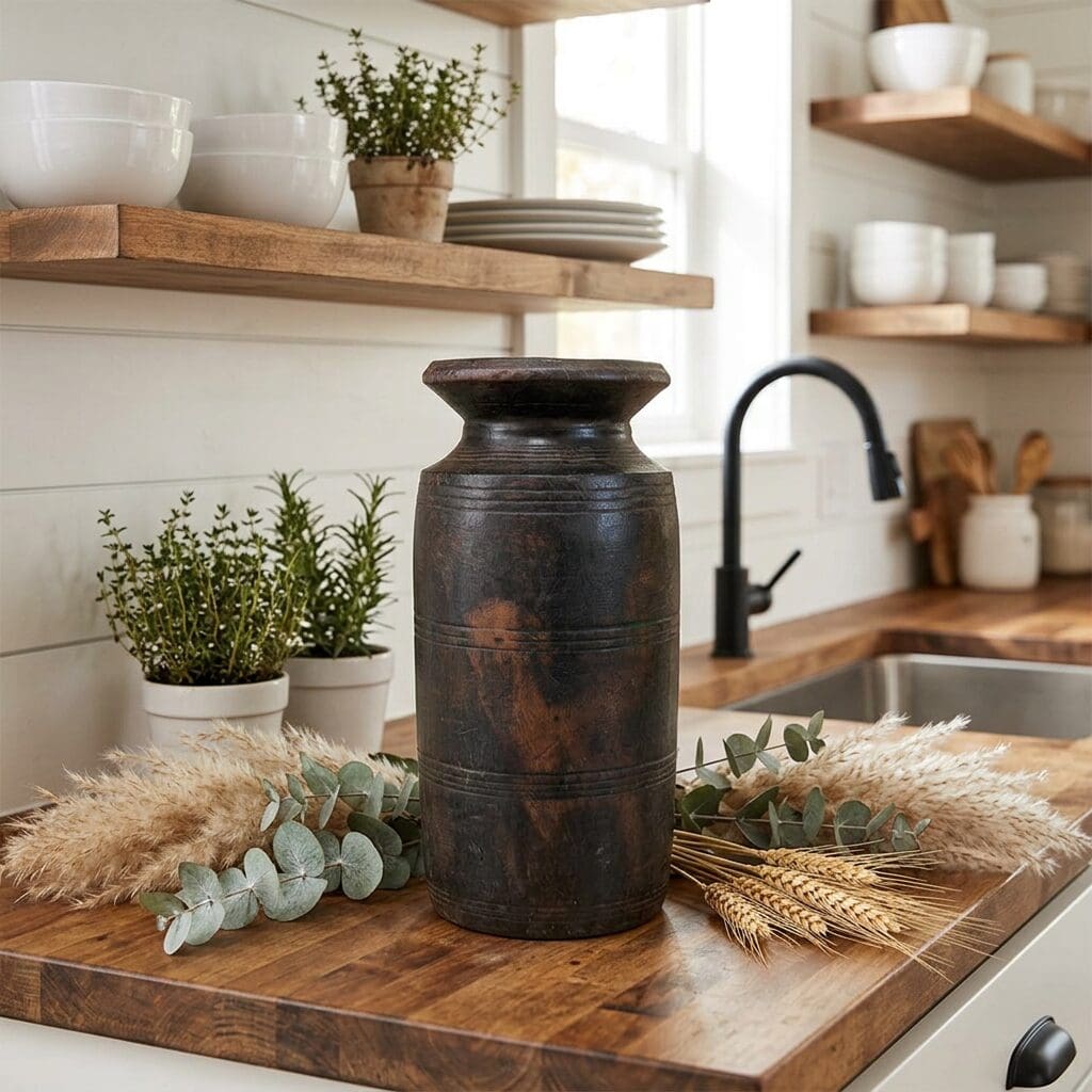 Vintage Acacia Wood Vase Rustic Decor image 1