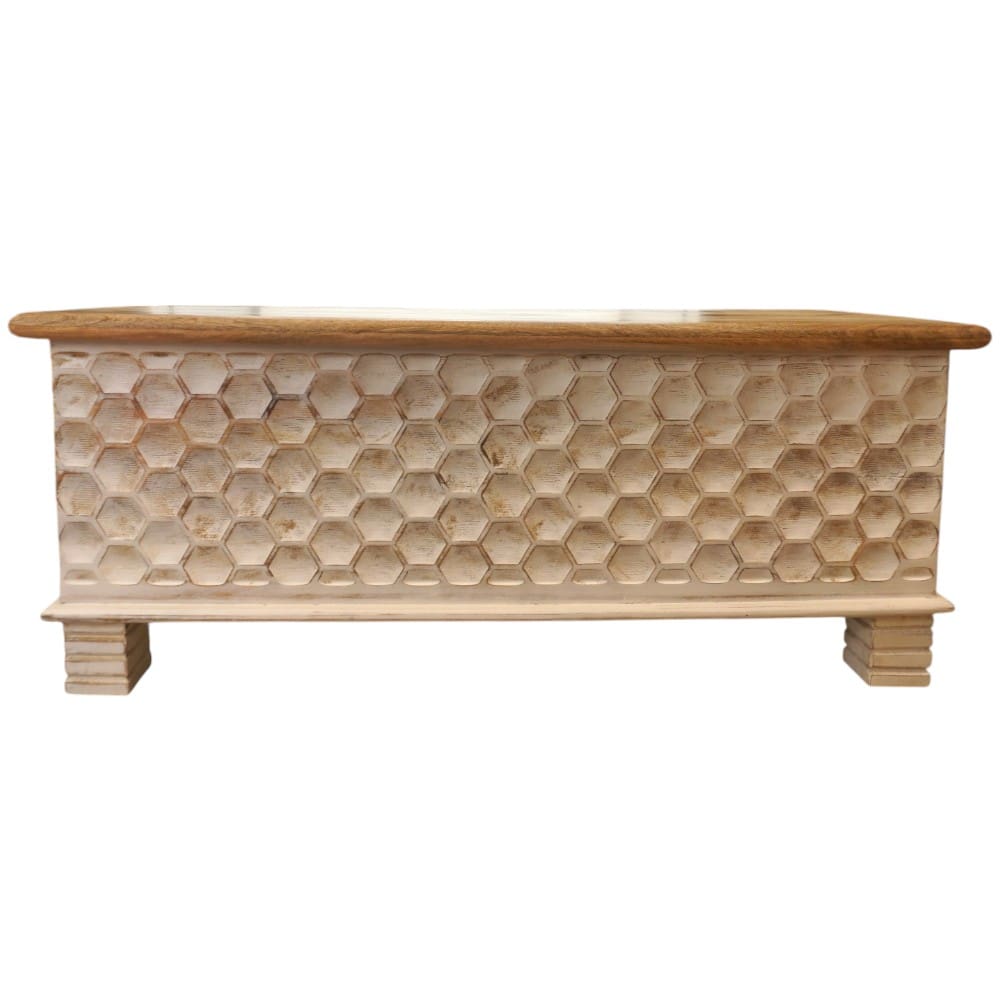 Hand-carved Large Solid Wood Bench Trunk Honeycomb Design image 1