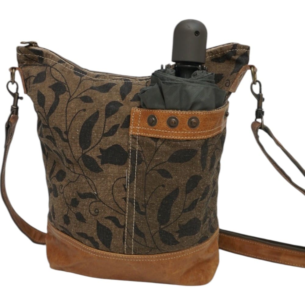 Cotton Canvas and Leather Floral Khaki Green Crossbody Bag image 7