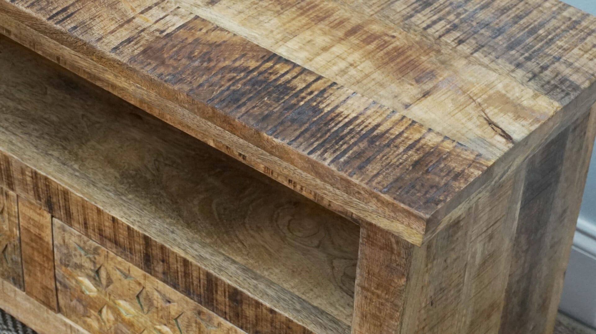 Natural Wood TV Stand with 3 Drawers Hand-crafted image 4