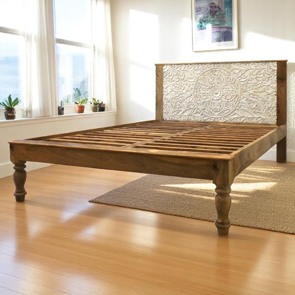 Hand-Carved Queen Bedframe Natural Whitewashed Floral image 1