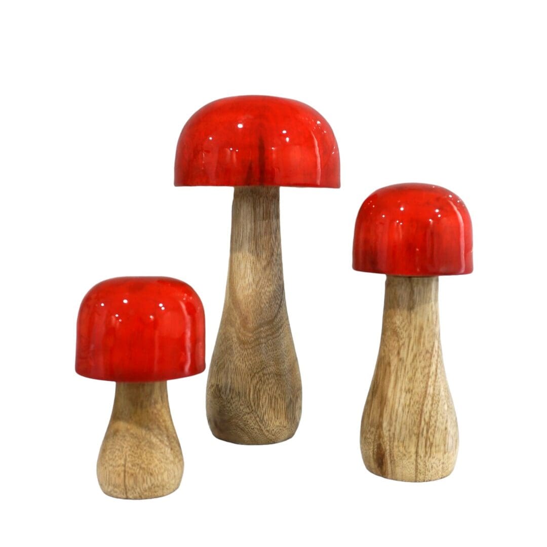 Hand-crafted Whimsical Wooden Mushrooms Set of 3 Red image 2