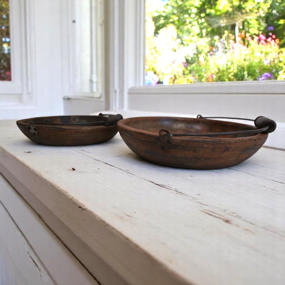 Vintage Wooden Bowls with a Handle Set of 2 image 0