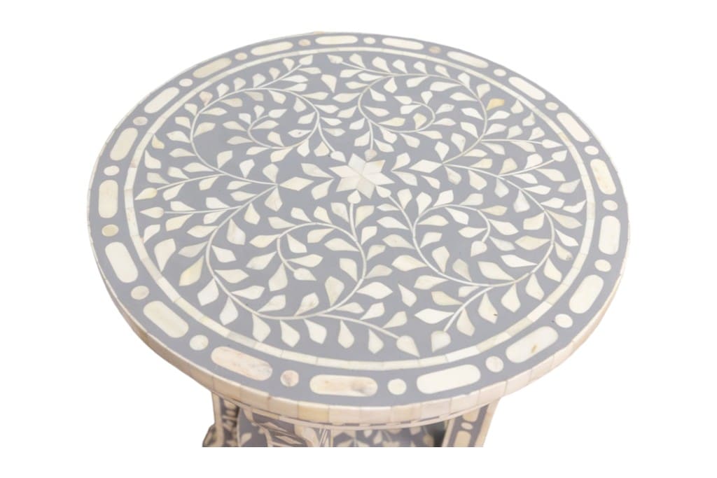 Gray and White Side Table Hand-Crafted Bone Inlay image 3