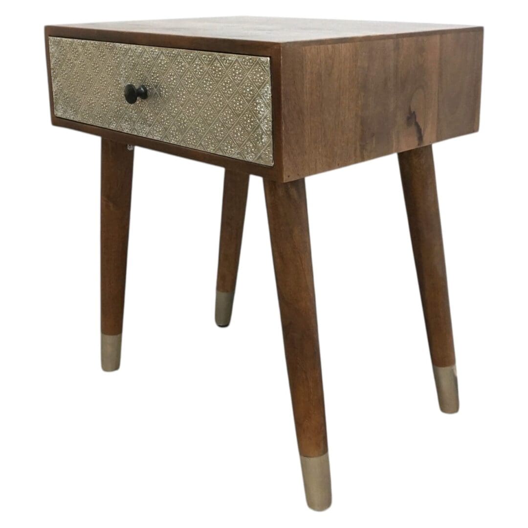 Hand Crafted Solid Wood Side Table with Metal Embossed Drawer image 3