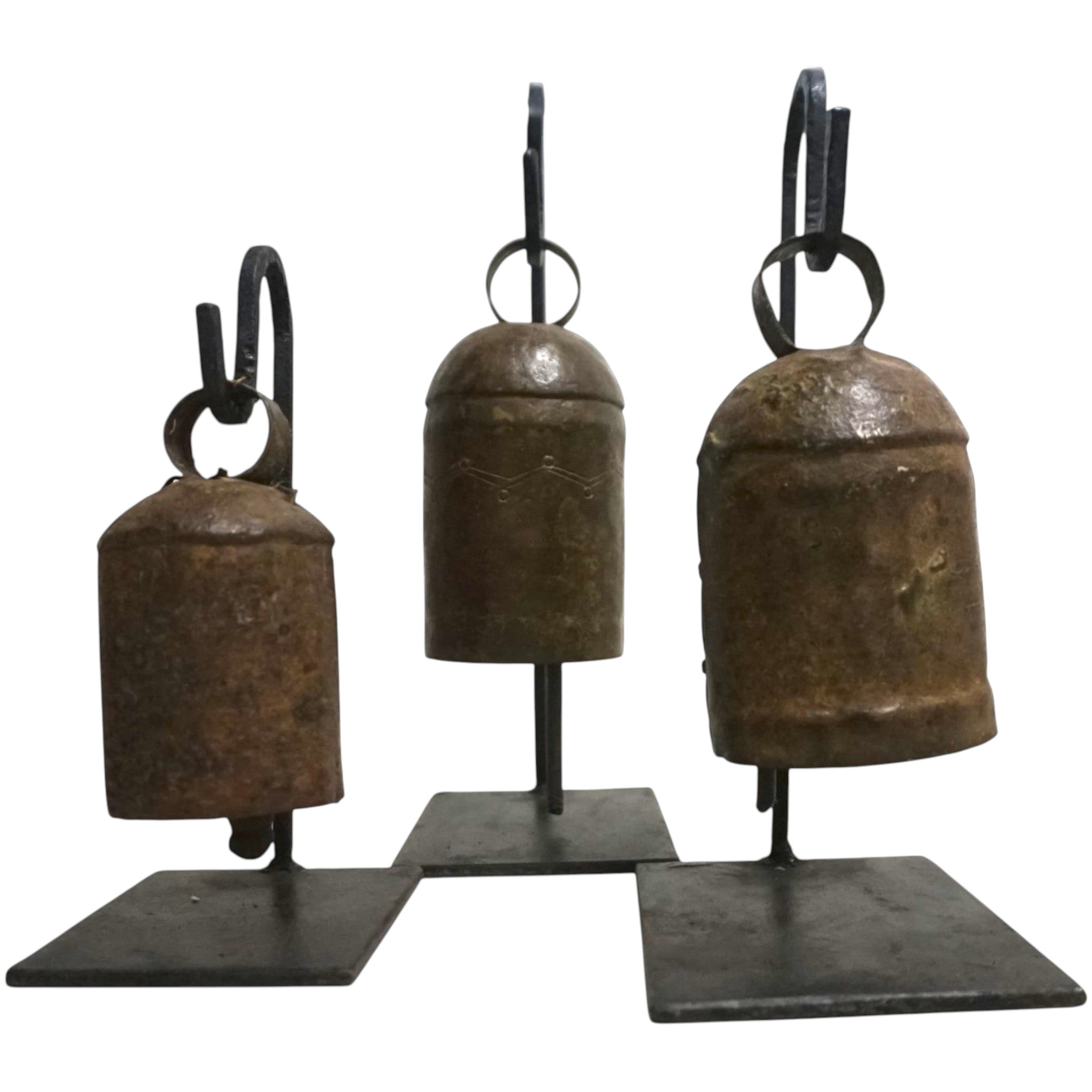 Handcrafted Set of 3 Vintage Bells on Iron Stands | Rustic & Artisan Home Decor