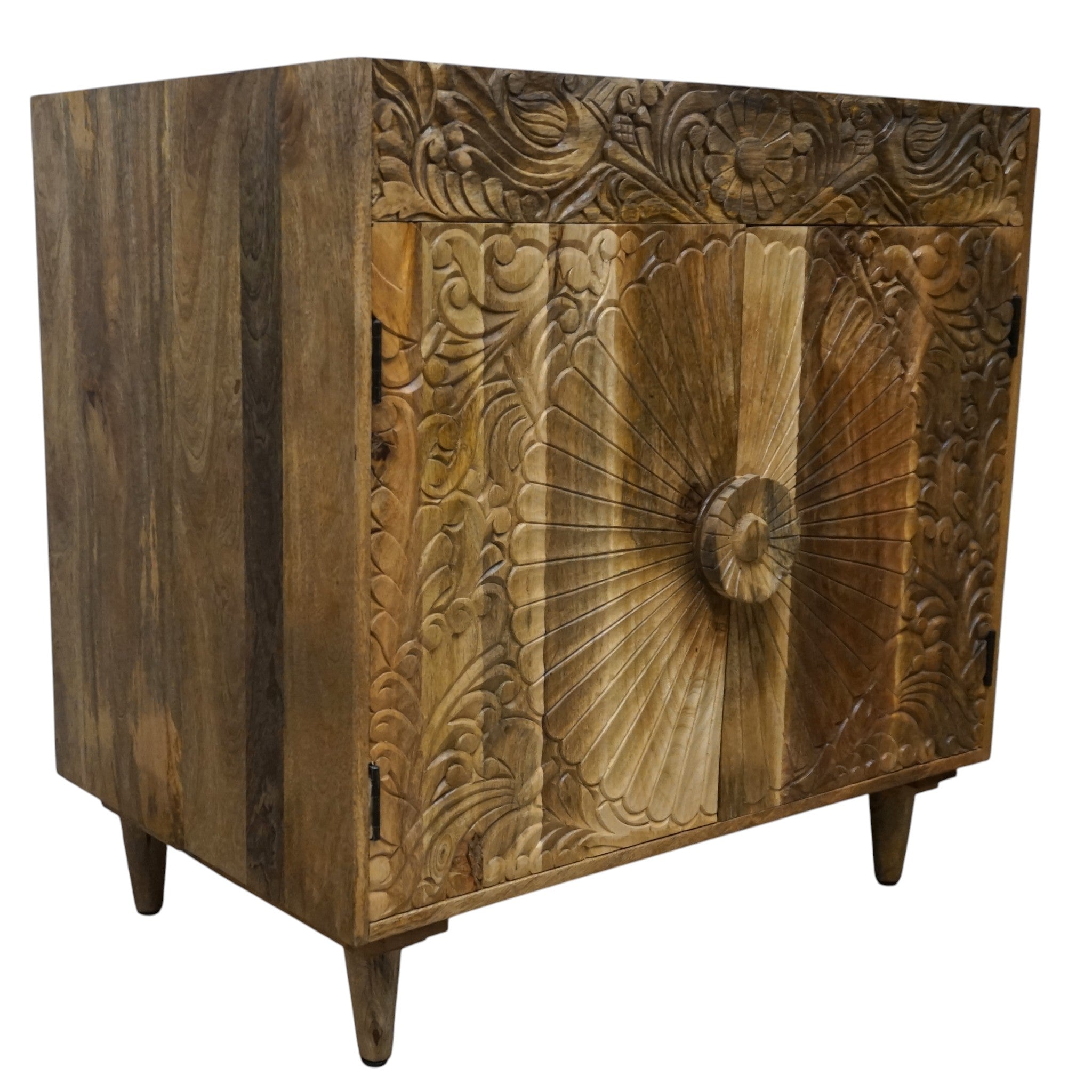 Natural Wood Bathroom Vanity Hand-Carved with Marble Top and Basin
