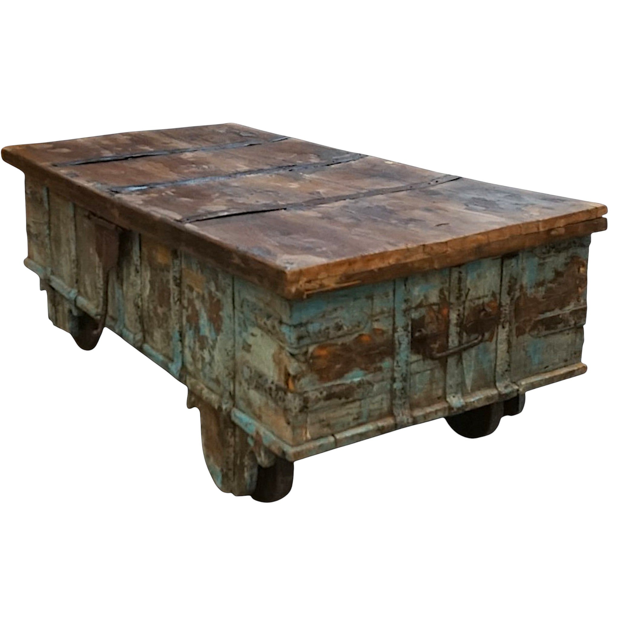 Handcrafted Large Reclaimed Wood Trunk Coffee Table | Storage & Wooden Wheels