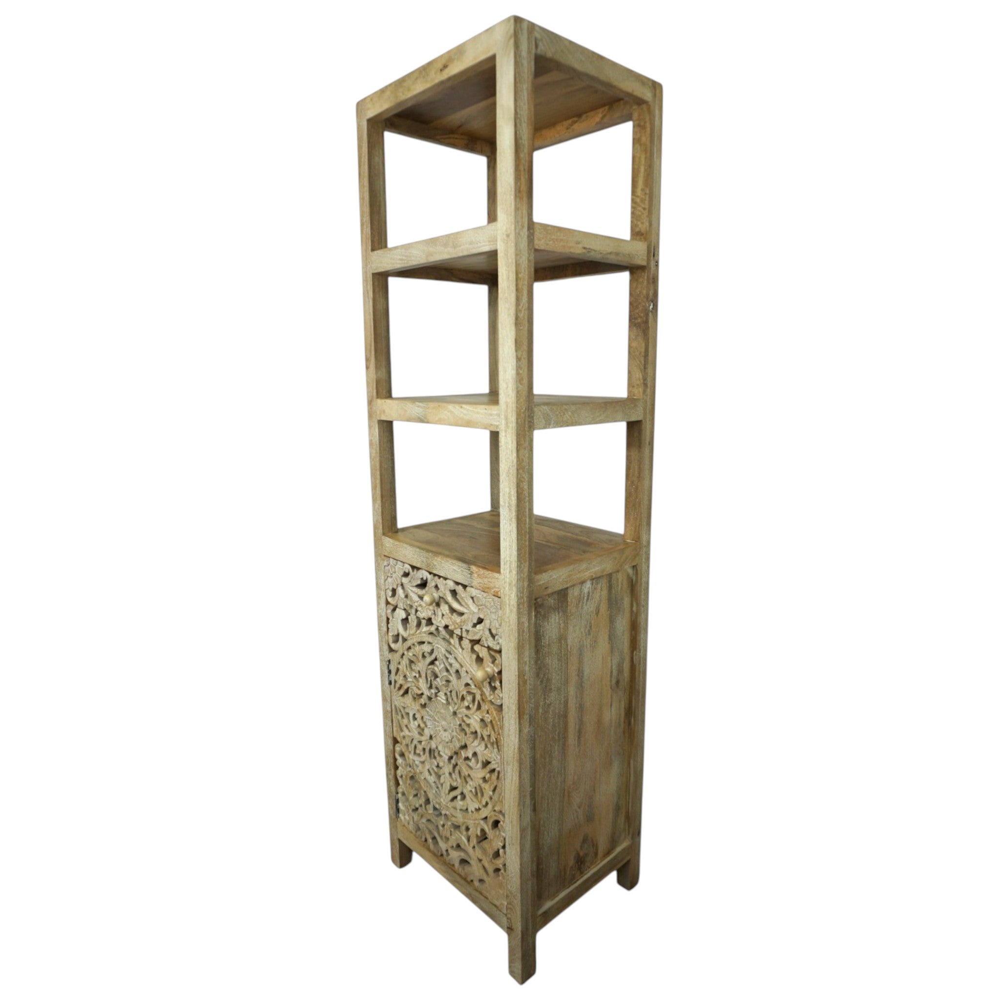 Handcrafted Mango Wood Linen Tower Cabinet | Hand-Carved Cutout Doors