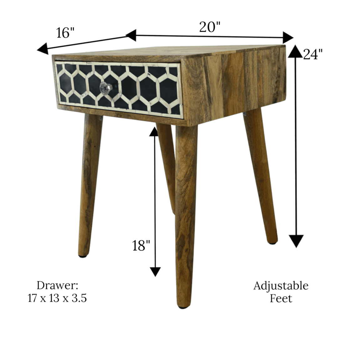 Hand Crafted Solid Wood Side Table with Bone Inlay Drawer image 10