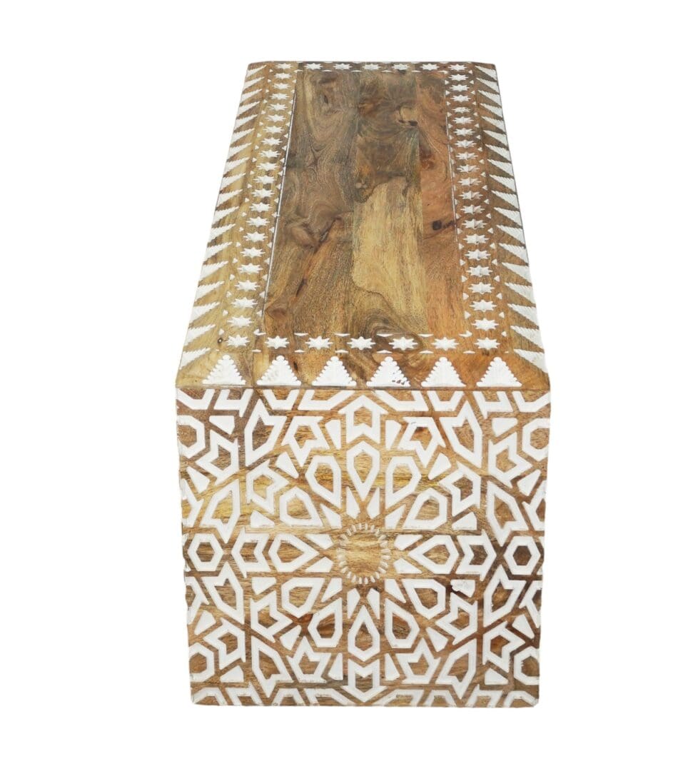 Natural Wood Coffee Table Hand-carved White Highlights image 4