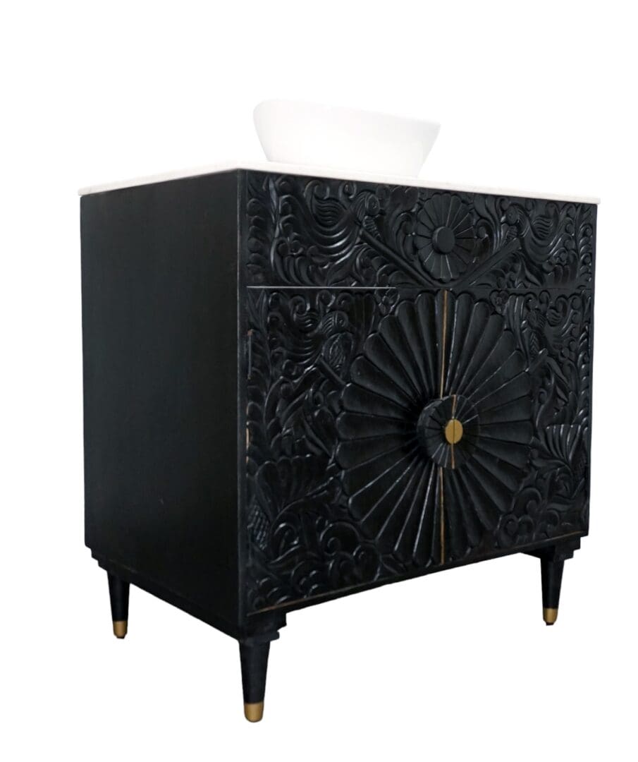Black Bathroom Vanity Hand-Carved with Marble Top and Basin image 6