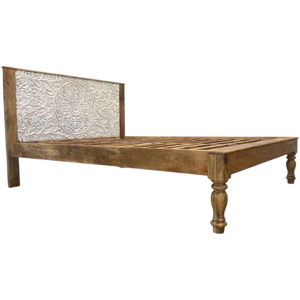 Hand-Carved Queen Bedframe Natural Whitewashed Floral image 3