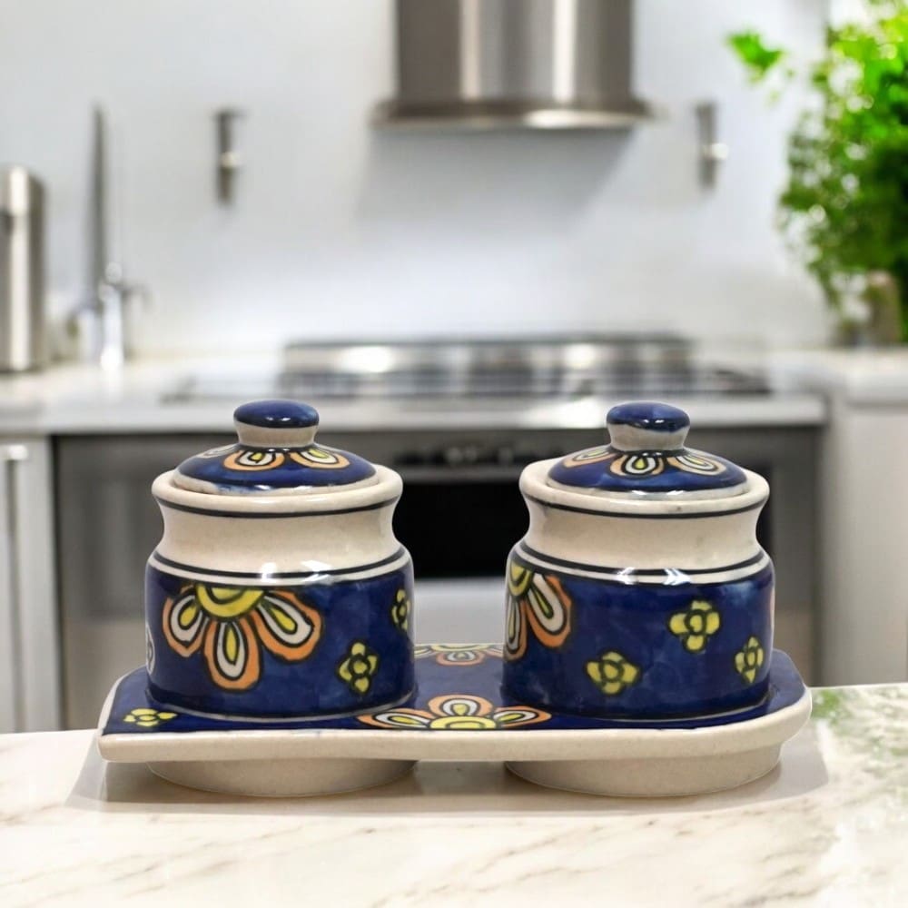 Set of Two Ceramic Pots with a Matching Tray - 1 image