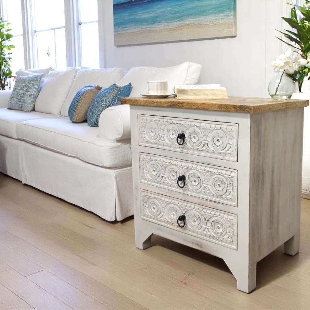 3-Drawer Natural/Whitewashed Side Table/Nightstand image 1