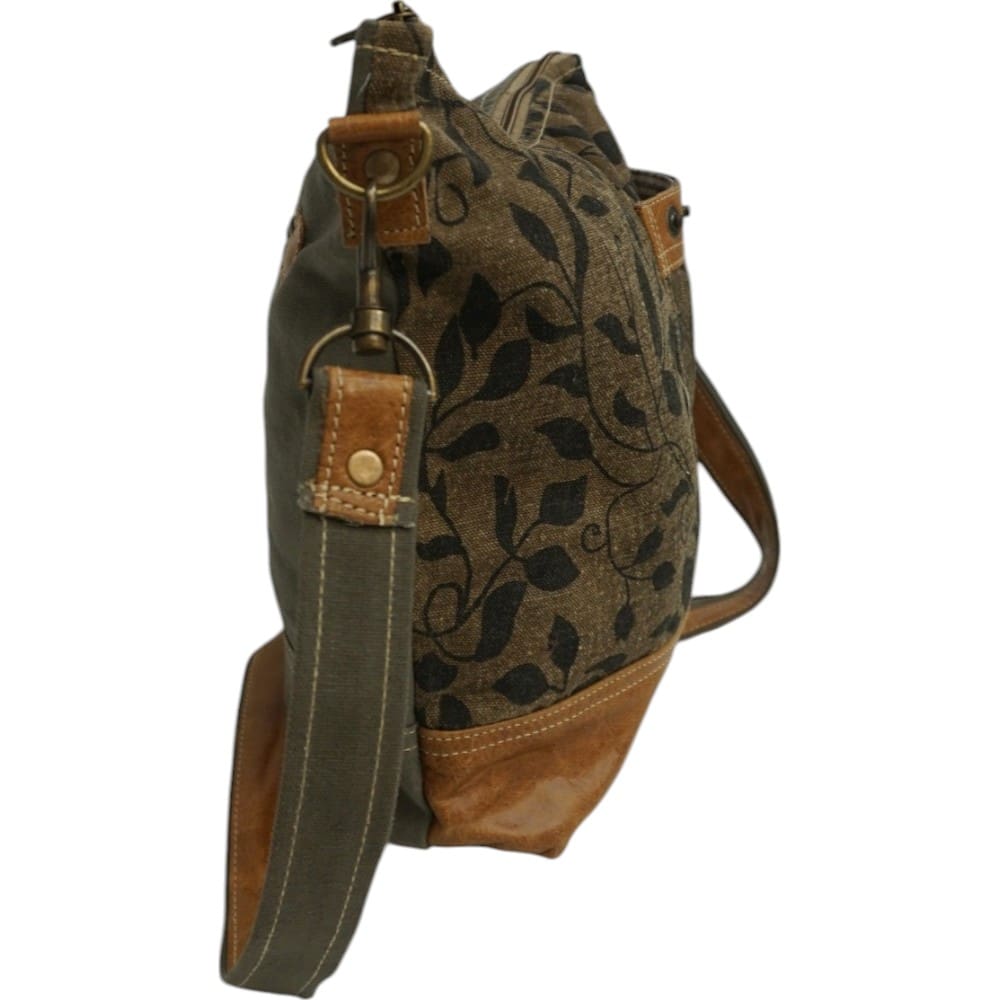 Cotton Canvas and Leather Floral Khaki Green Crossbody Bag image 2