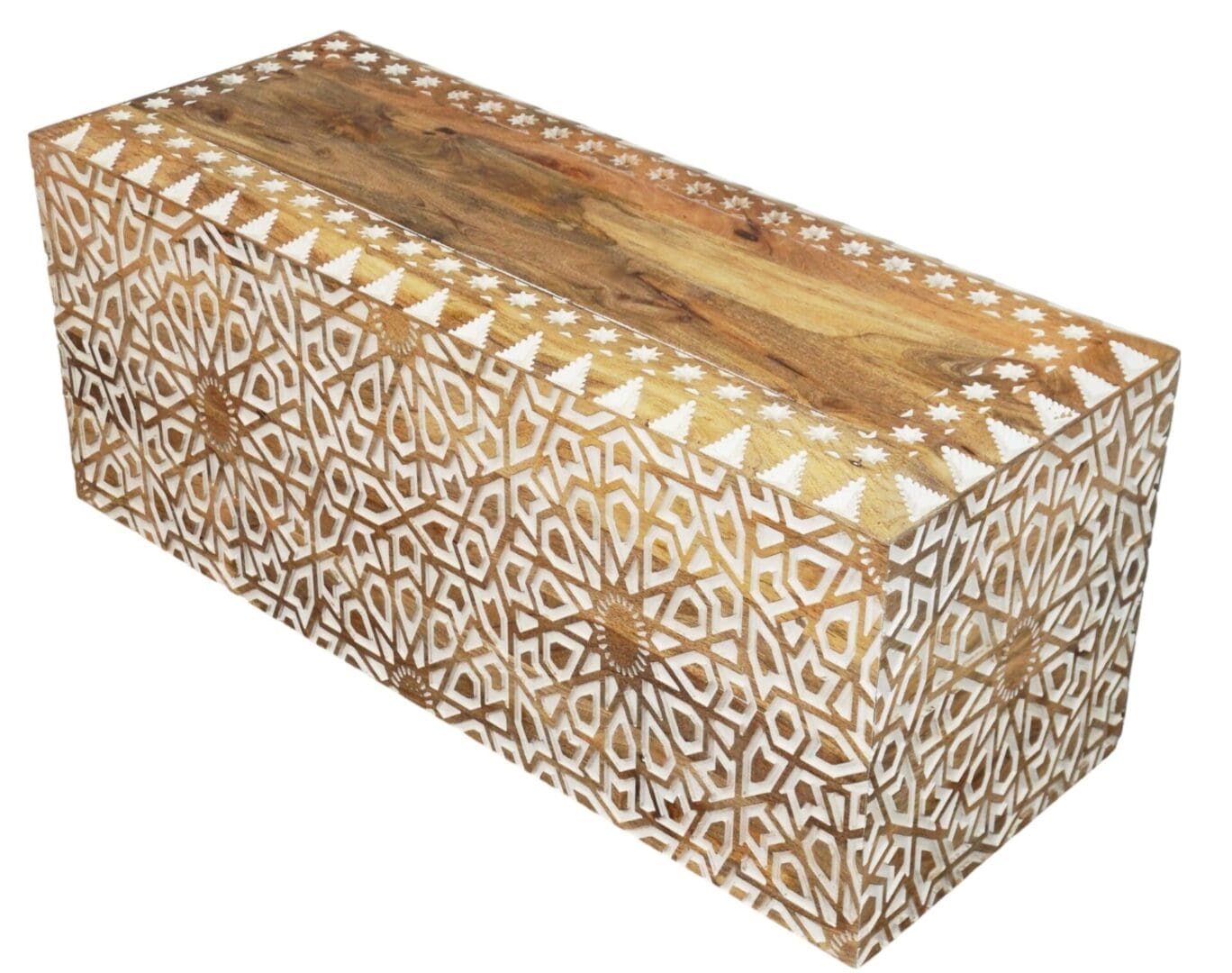 Natural Wood Coffee Table Hand-carved White Highlights image 3