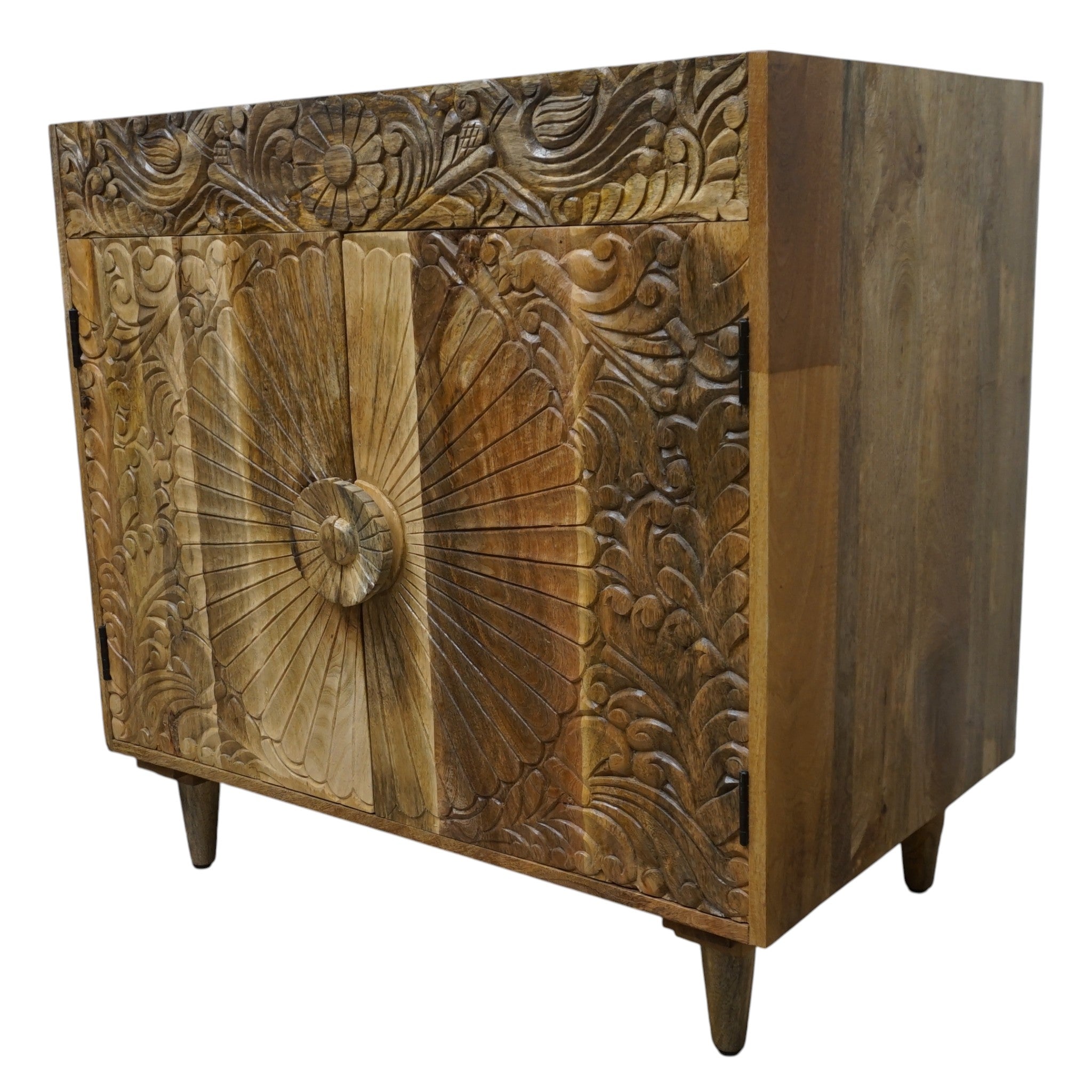 Natural Wood Bathroom Vanity Hand-Carved with Marble Top and Basin