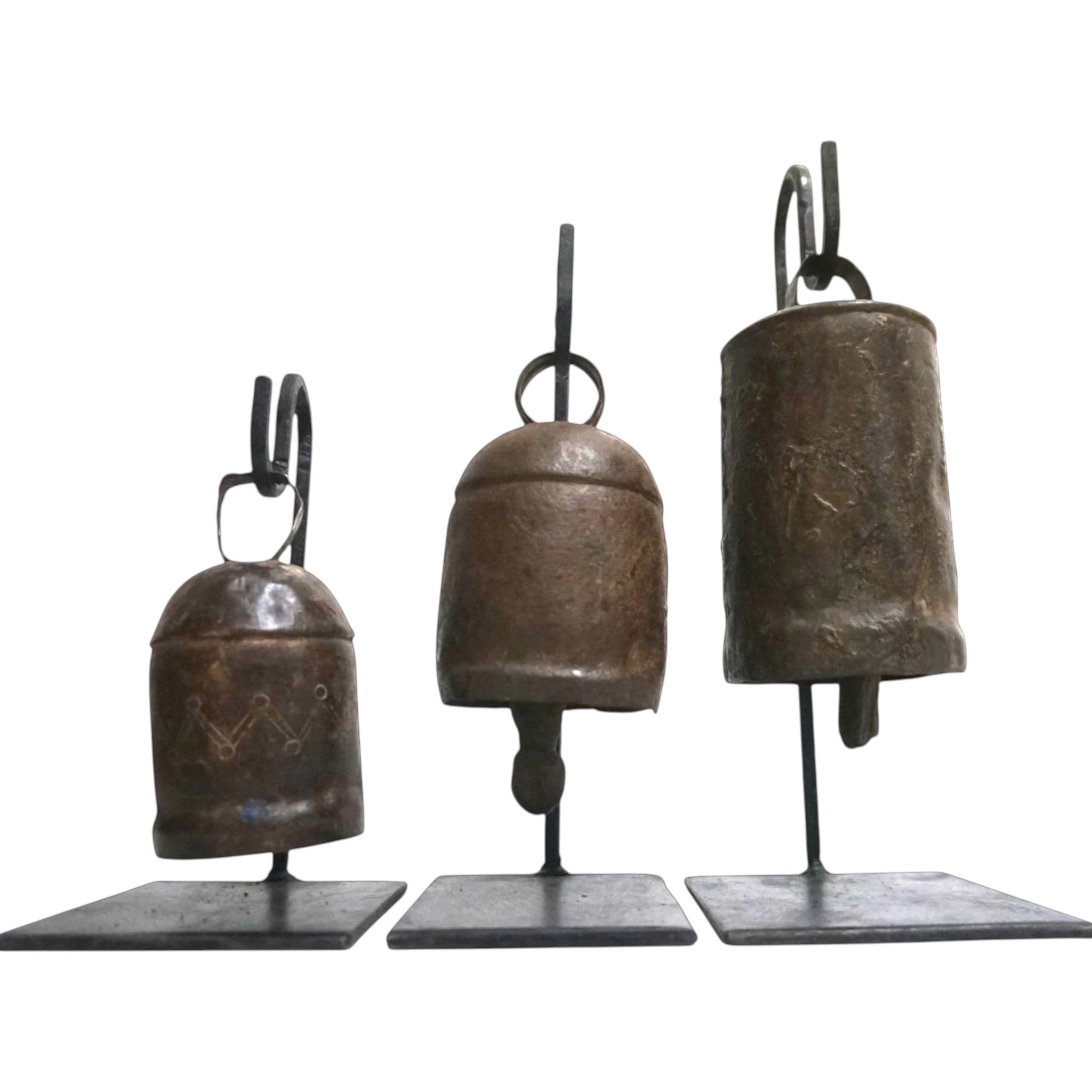 Handcrafted Set of 3 Vintage Bells on Iron Stands | Rustic & Artisan Home Decor