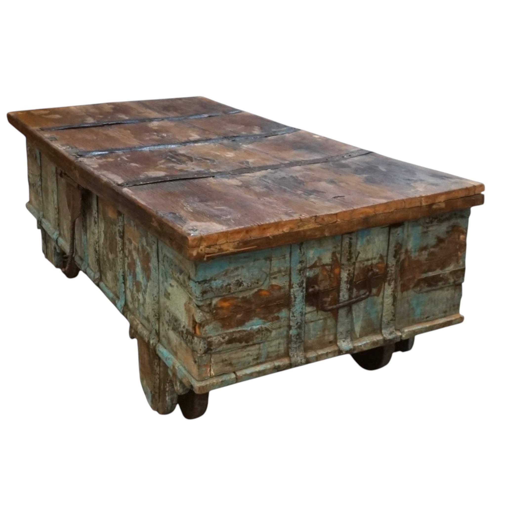Handcrafted Large Reclaimed Wood Trunk Coffee Table | Storage & Wooden Wheels