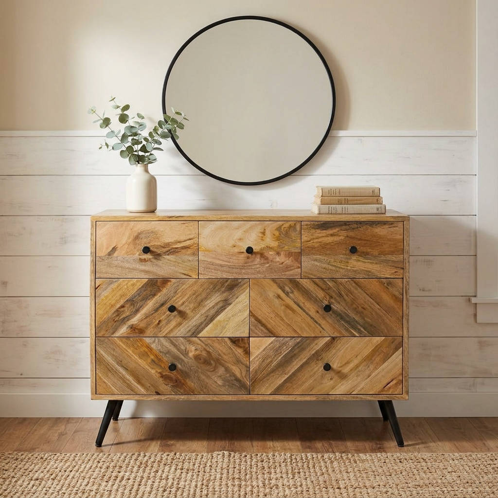 Handmade Mango Wood 7 Drawer Dresser with Metal Legs | Solid Wood Chest of Drawers