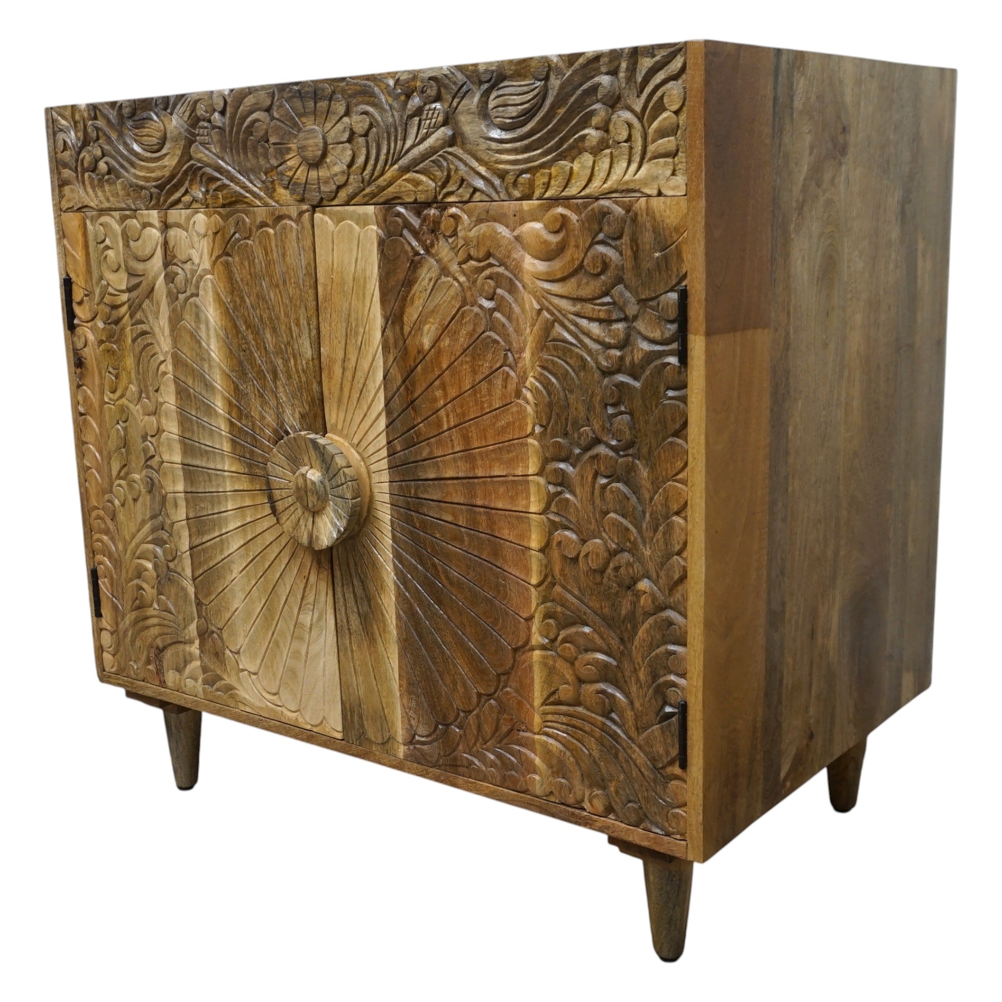 Natural Wood Bathroom Vanity Hand-Carved with Marble Top and Basin