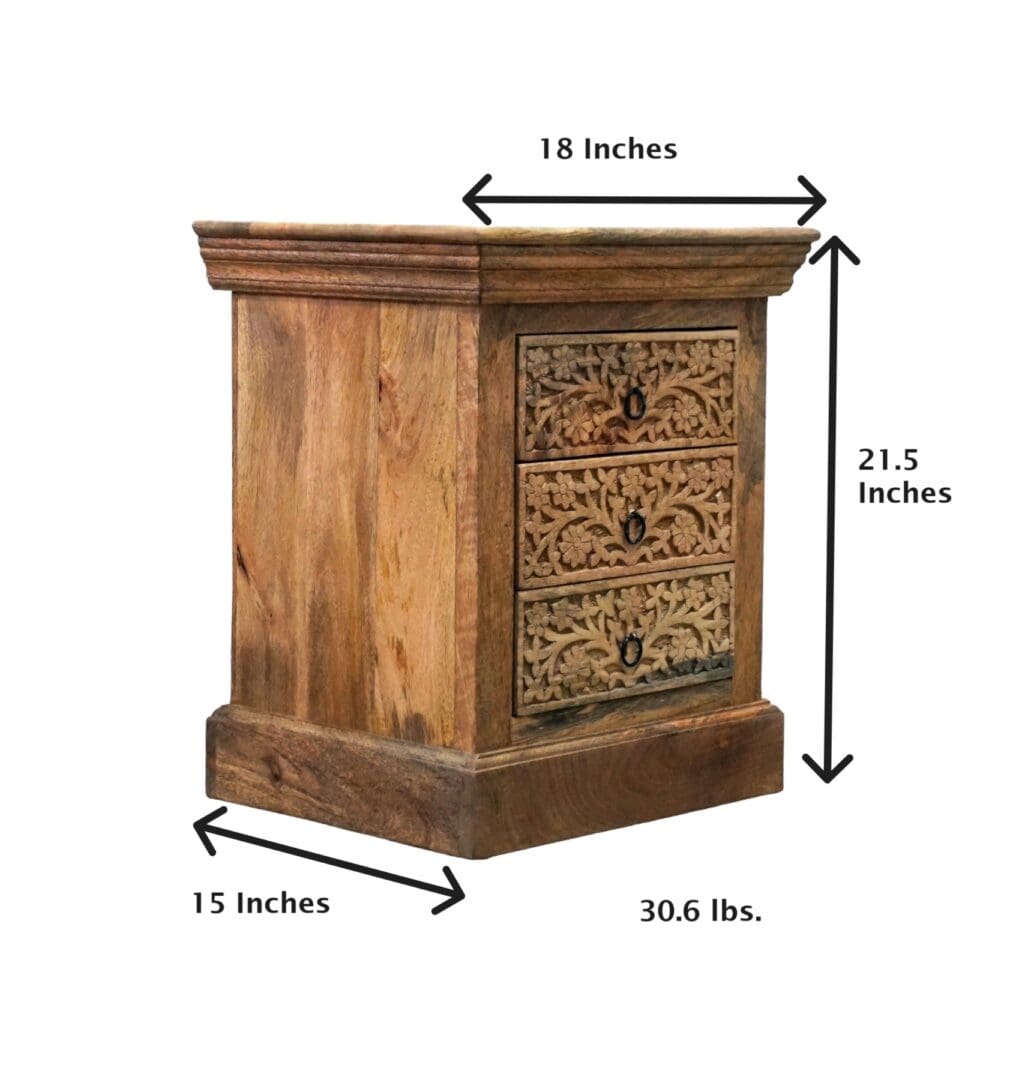 Natural Wood Nightstand Intricate Hand Carved 3 Drawers image 7
