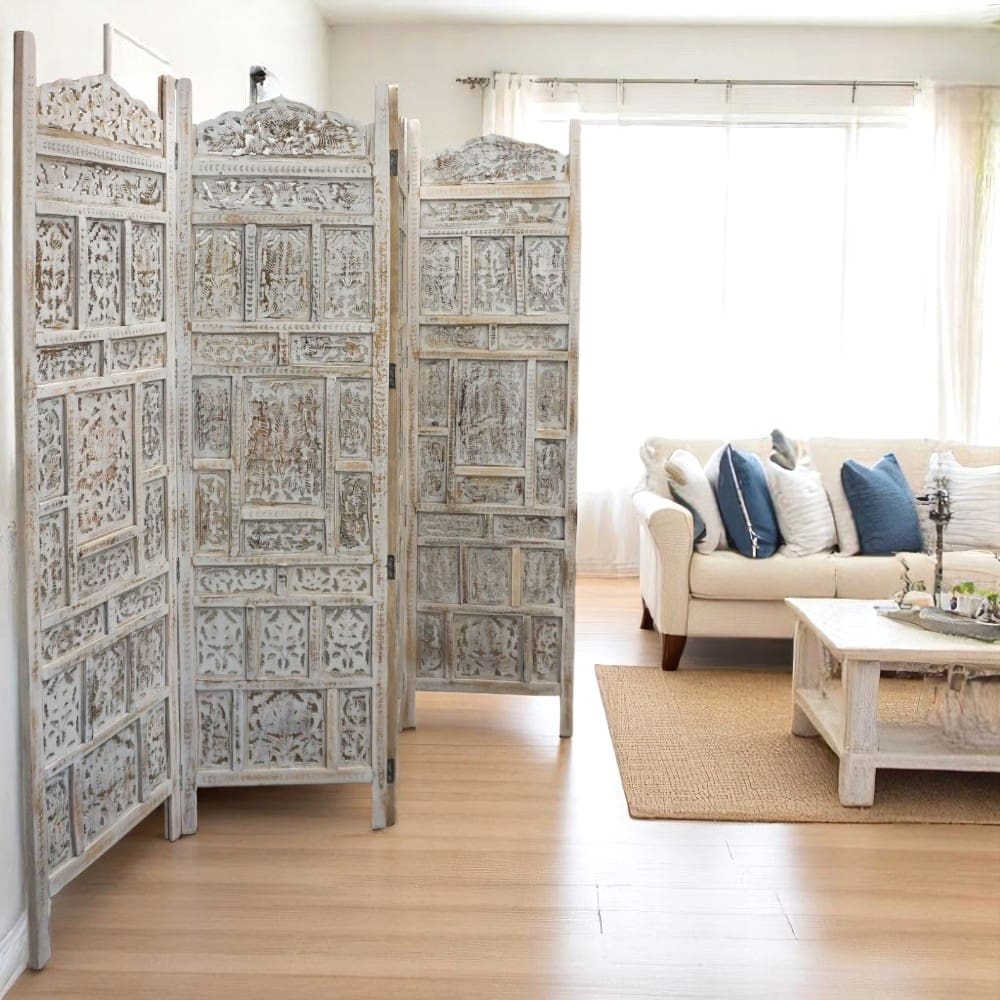 Hand-Crafted Whitewashed Wood Screen Room Divider image 0