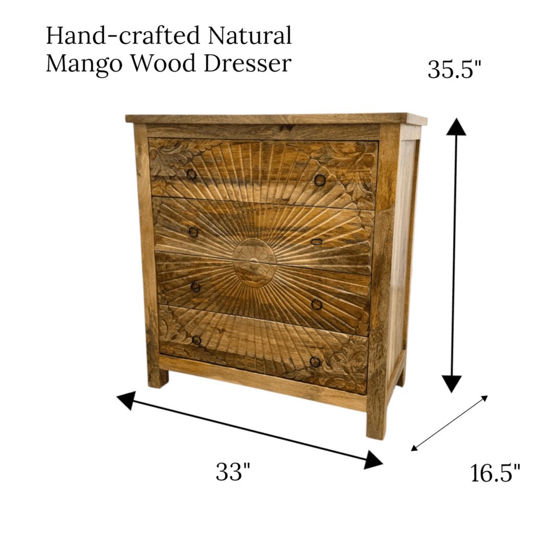 Hand-Carved Four Drawer Natural Wood Dresser image 9