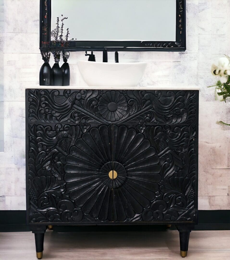Black Bathroom Vanity Hand-Carved with Marble Top and Basin image 0