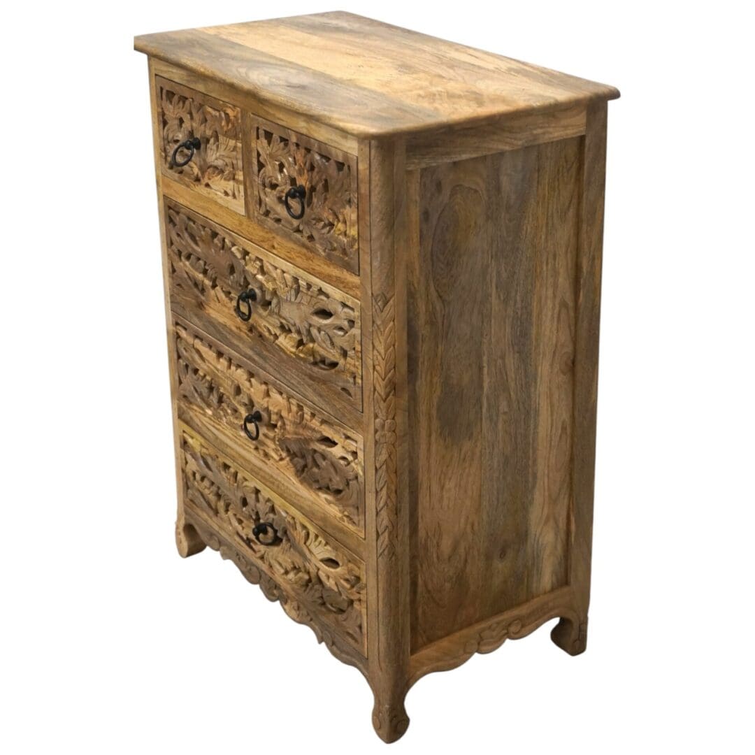 Hand-carved Natural Wood 5-Drawer Dresser image 4
