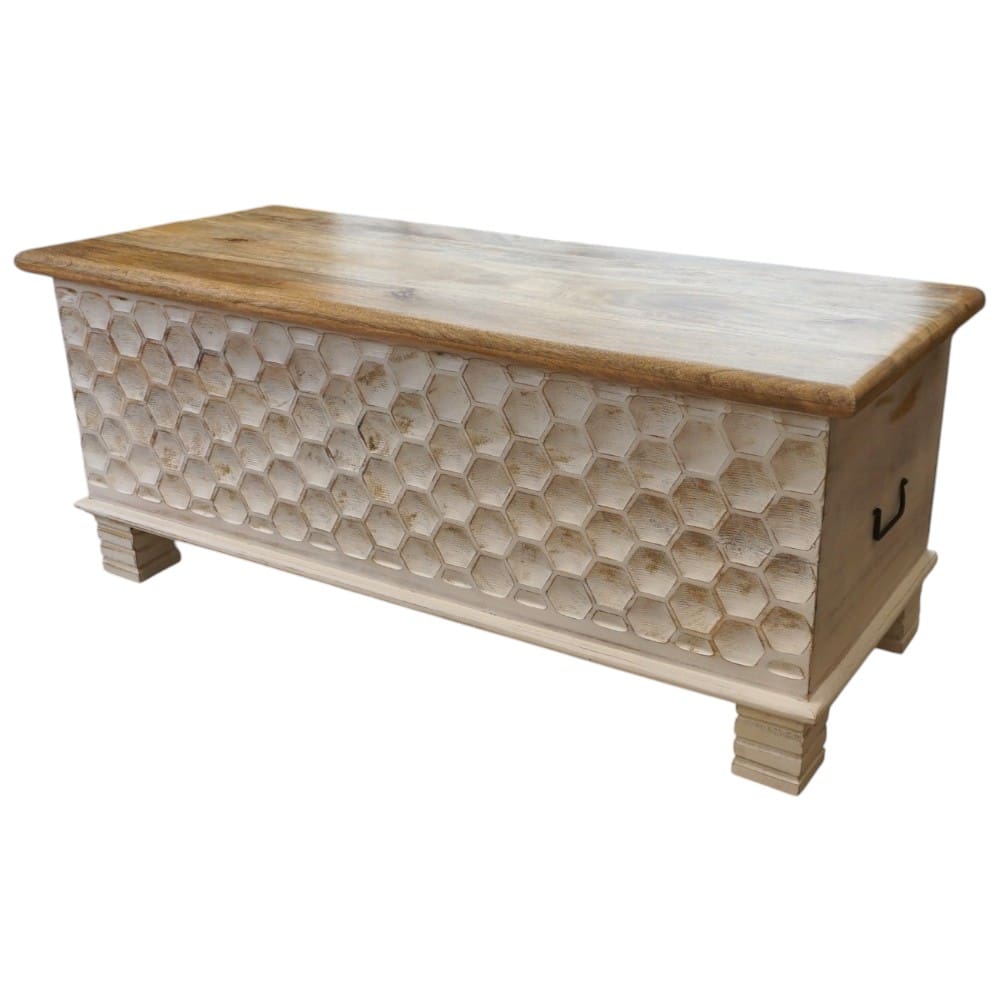 Hand-carved Large Solid Wood Bench Trunk Honeycomb Design image 4