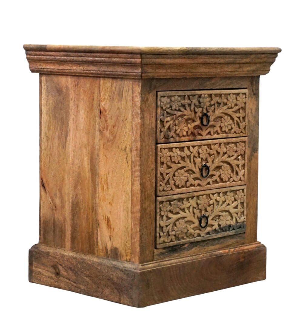 Natural Wood Nightstand Intricate Hand Carved 3 Drawers image 3