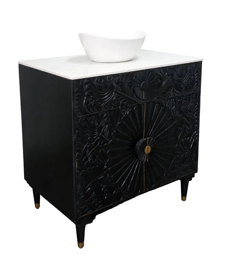 Black Bathroom Vanity Hand-Carved with Marble Top and Basin image 12