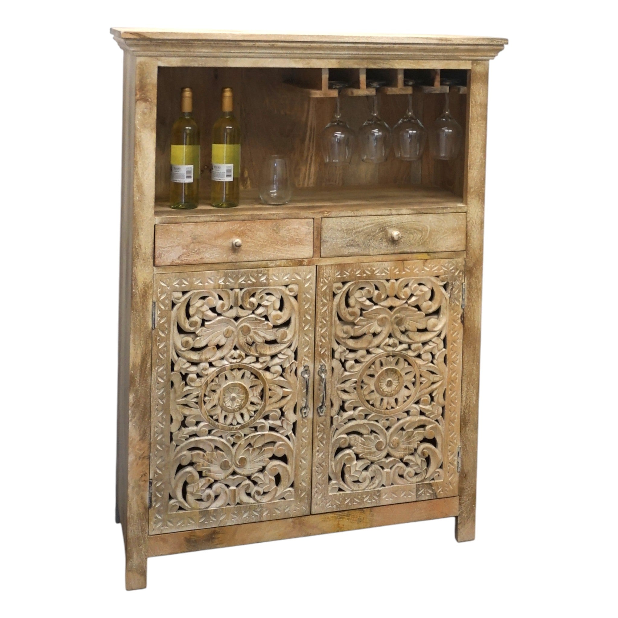 Hand-carved Mango Wood Bar Cabinet