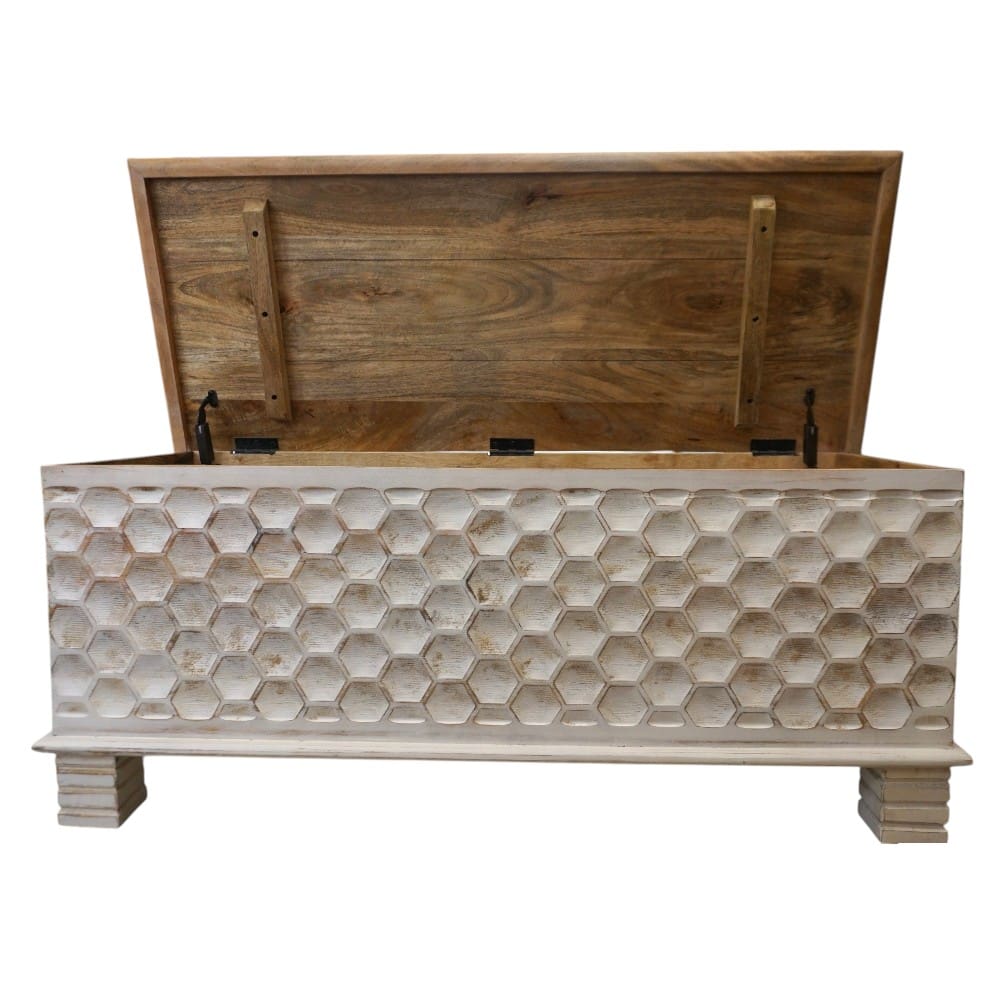 Hand-carved Large Solid Wood Bench Trunk Honeycomb Design image 6