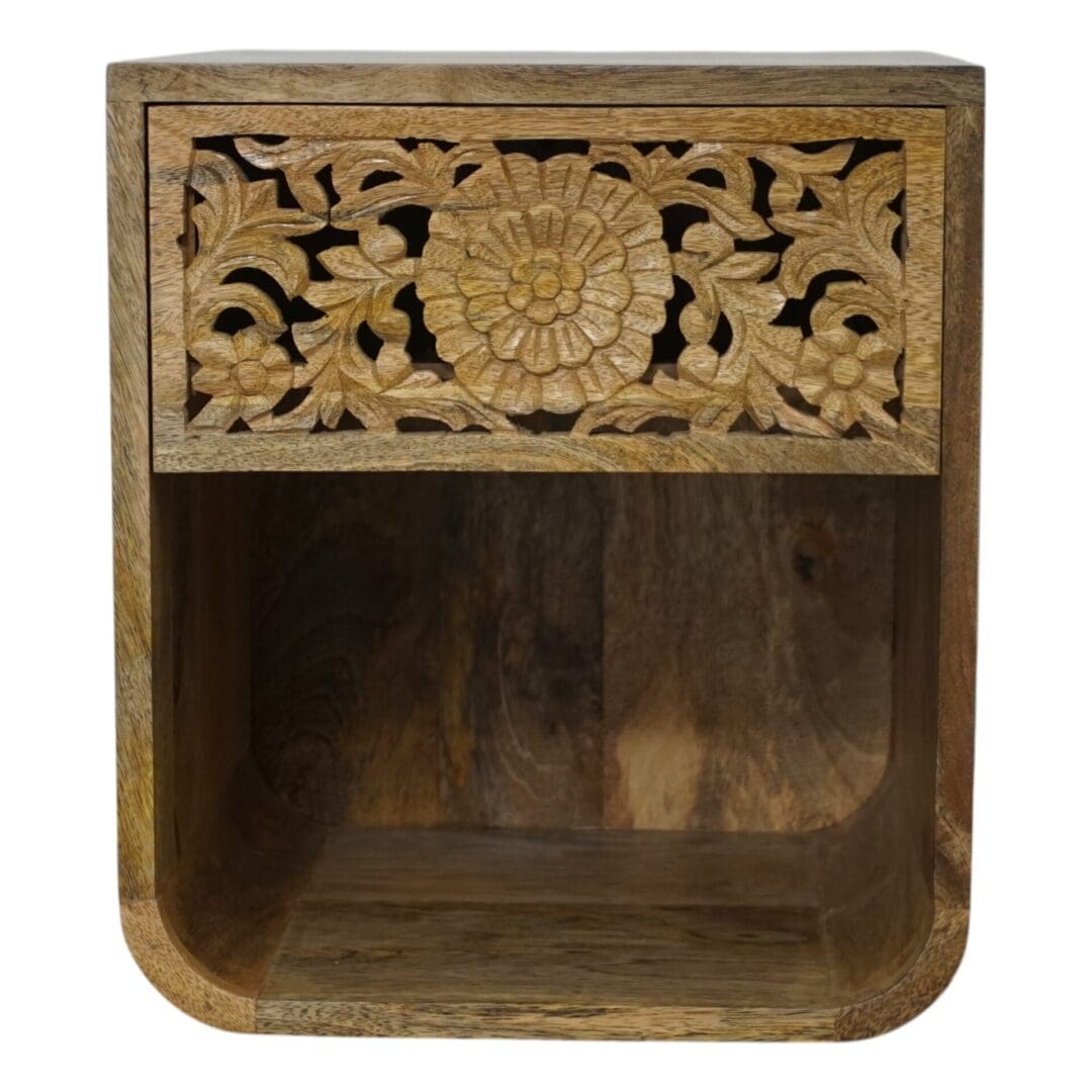 Hand Carved Mango Wood Wall Mounted Nightstand Natural Wood - Single image