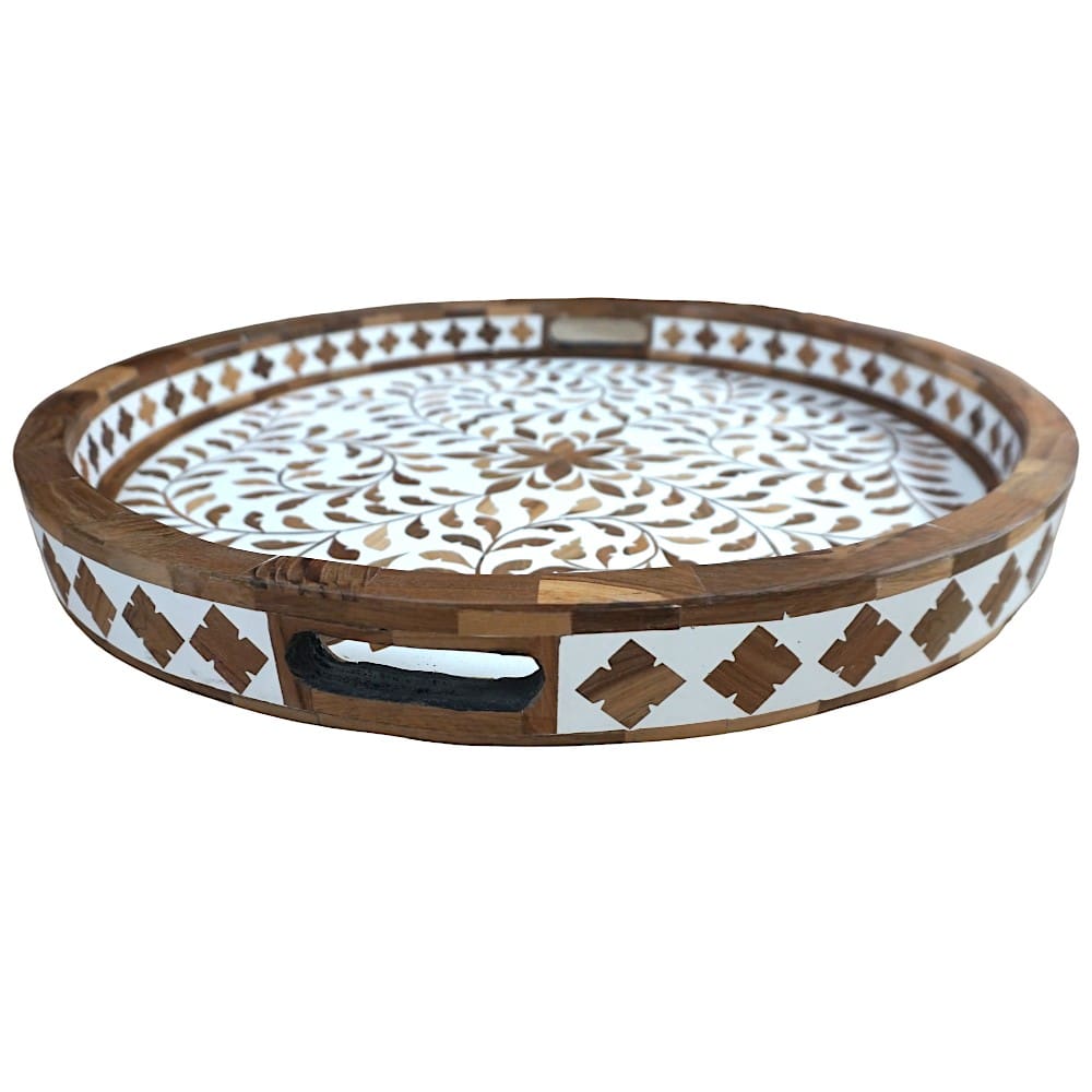 Round Decorative Teak Inlay Serving Tray image 1