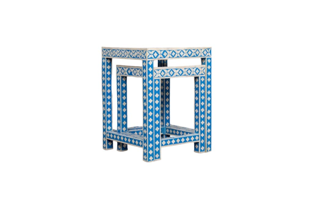 Bone Inlay Nesting Tables Set of 2 in Blue and White image 1