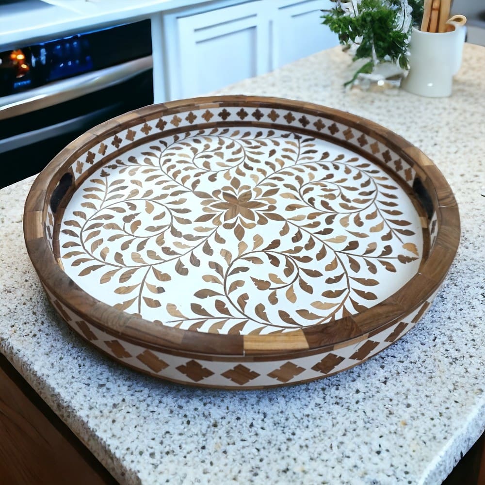 Round Decorative Teak Inlay Serving Tray image 0