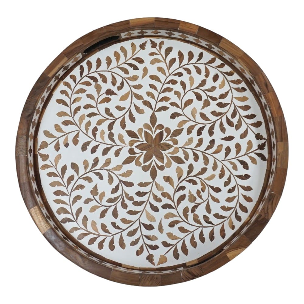 Round Decorative Teak Inlay Serving Tray image 4