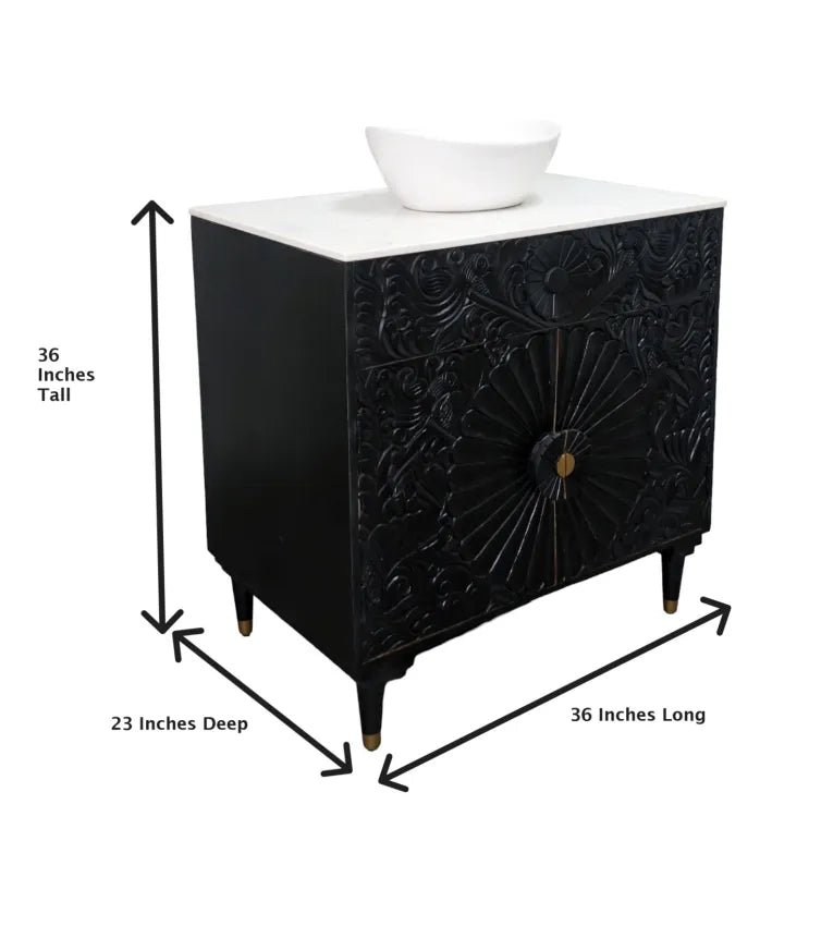 Black Bathroom Vanity Hand-Carved with Marble Top and Basin image 1
