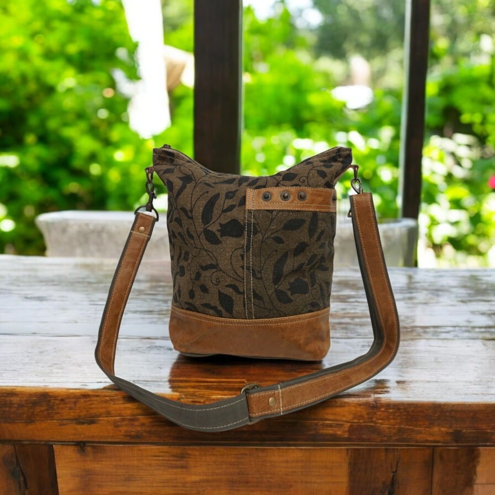 Cotton Canvas and Leather Floral Khaki Green Crossbody Bag image 0