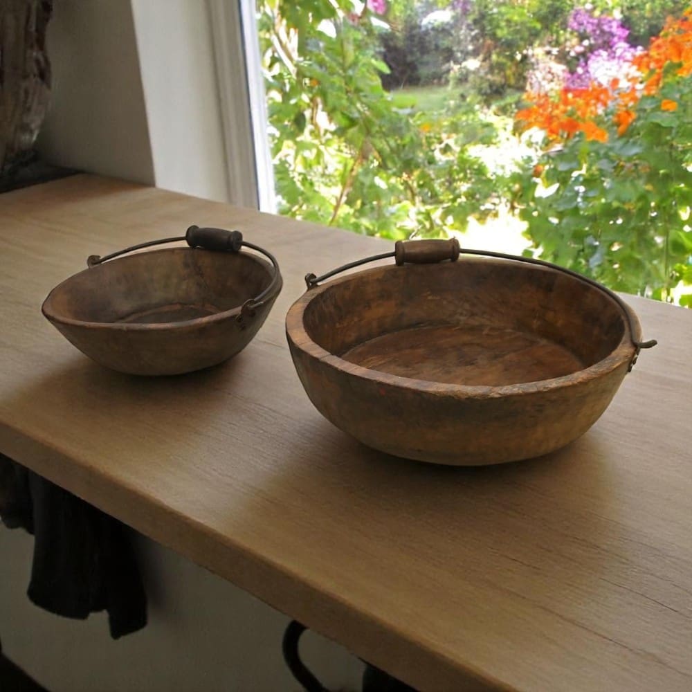 Vintage Wooden Bowls with a Handle Set of 2 - 8 image