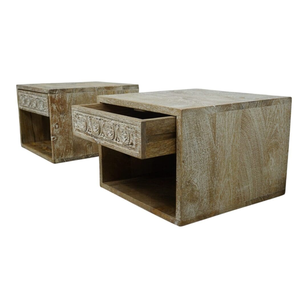 Hand Carved Mango Wood Floating Nightstand - Pair image