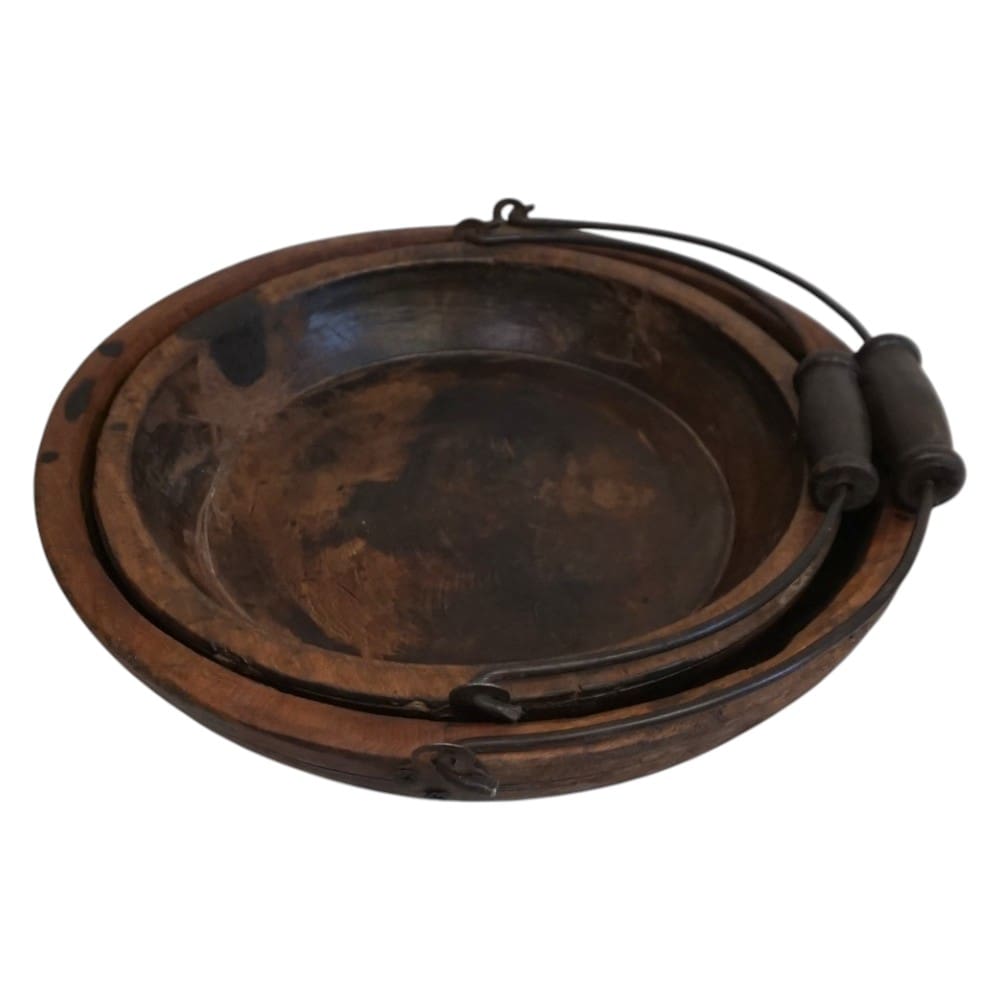 Vintage Wooden Bowls with a Handle Set of 2 image 10