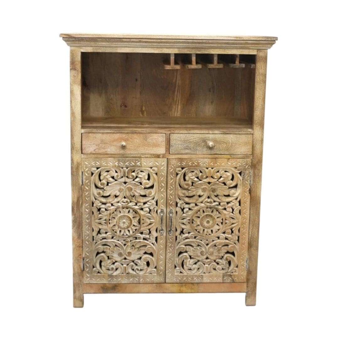 Hand-carved Mango Wood Bar Cabinet image 1