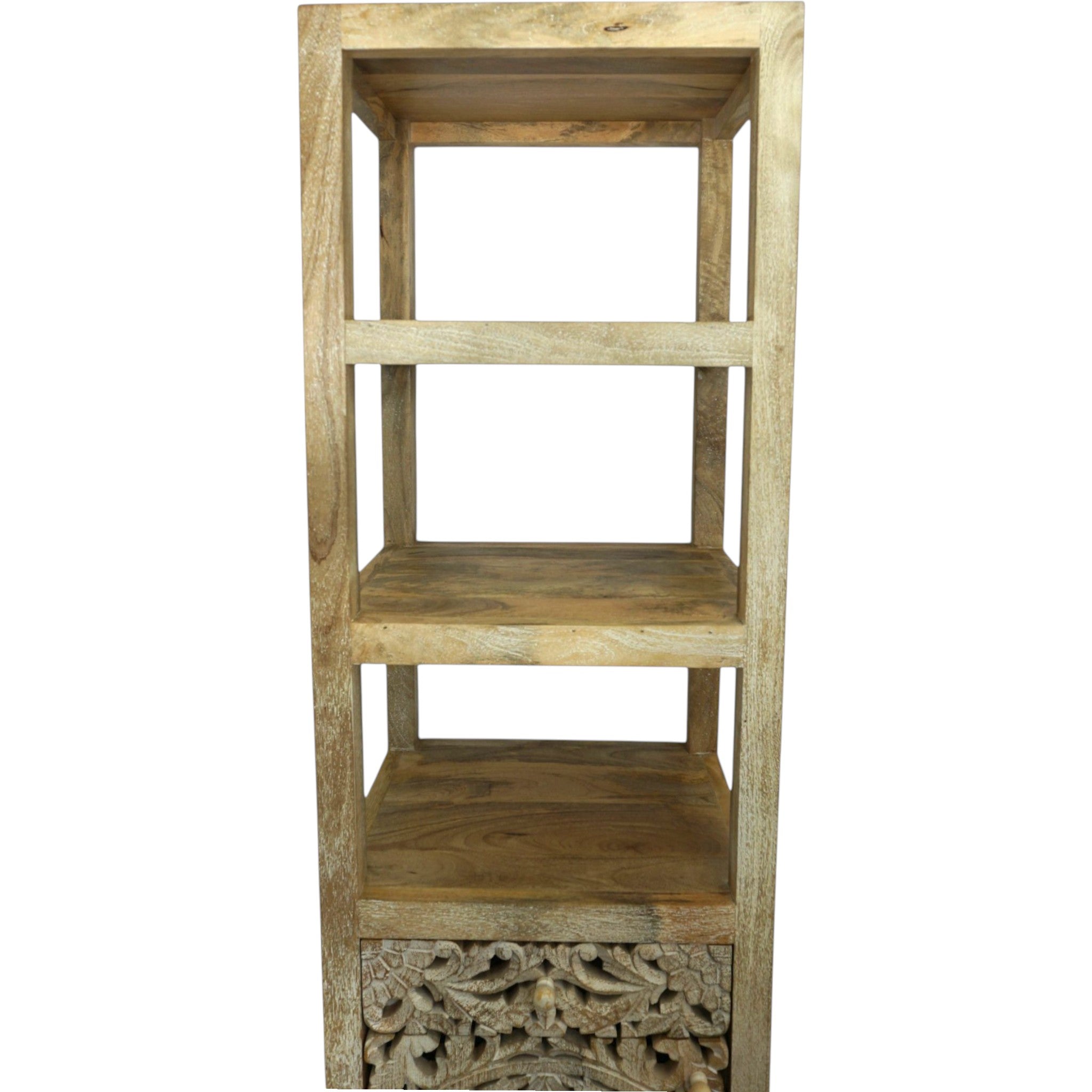 Handcrafted Mango Wood Linen Tower Cabinet | Hand-Carved Cutout Doors